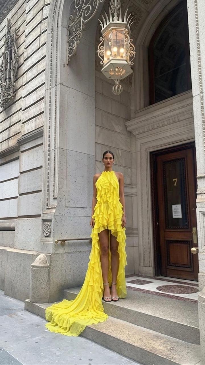 Yellow Ruffle Evening Dress